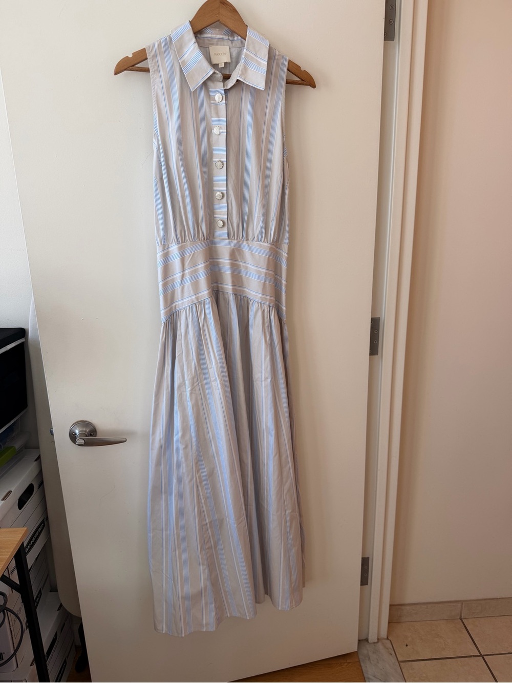 $299 Parker Striped Sleeveless Dropped Waist Button-Up Sun Dress M